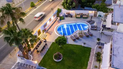 an overhead view of a swimming pool and a street at Toulas Studios & Apts No2 in Faliraki
