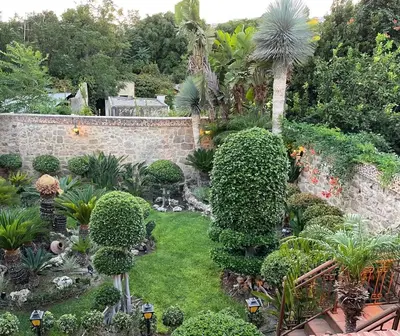 a garden with bushes and trees and a stone wall at Paris Hotel in Rhodes Town