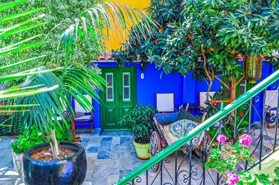 a house with a blue and green door and plants at Symi Garden Studios in Symi