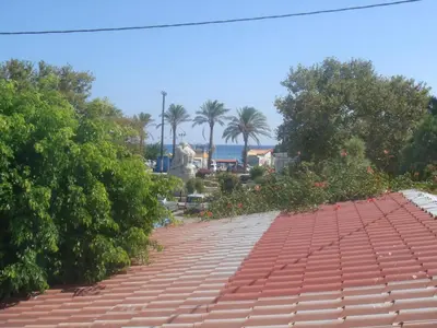 a red tile roof with palm trees in the background at Omiros in Faliraki