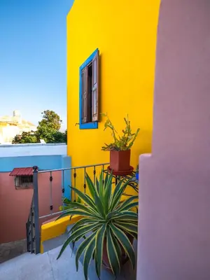 a yellow building with a window and a potted plant at Colours - Old Town - Studios in Rhodes Town