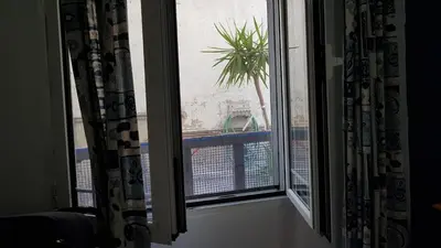 a window with a view of a balcony with a plant at Apollon Apartments H-1 in Rhodes Town