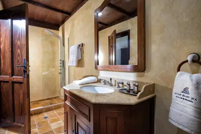 a bathroom with a sink and a shower at Lemuria Manor, Wine Dark Sea Villas in Rhodes Town