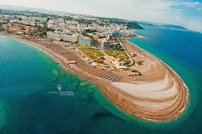 an aerial view of a beach and the ocean at Anssami Villa in Rhodes Town