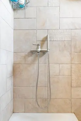 a shower with a shower head in a bathroom at Kaya Sea Apts - Stegna Beach in Archangelos
