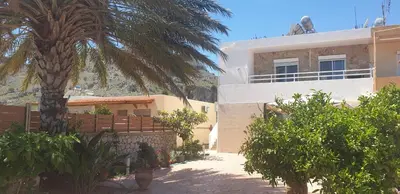a house with a palm tree next to a building at Stergios top view residence with jacuzzi in Kolimbia