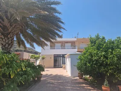 a house with a palm tree in front of it at Stergios top view residence with jacuzzi in Kolimbia