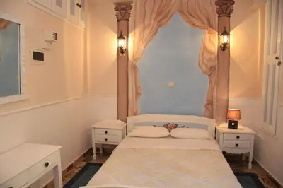 a bedroom with a white bed with a canopy at Dorian Hotel in Symi