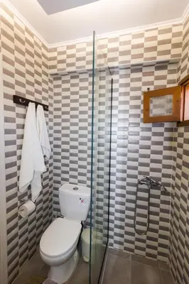 a bathroom with a toilet and a glass shower at Galini Apartments Old Town in Rhodes Town