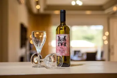 a bottle of wine sitting next to a wine glass at MeFoMi Villa in Rhodes Town