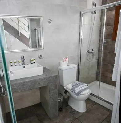 a bathroom with a toilet and a sink and a shower at Vallian Village Hotel in Paradeísion