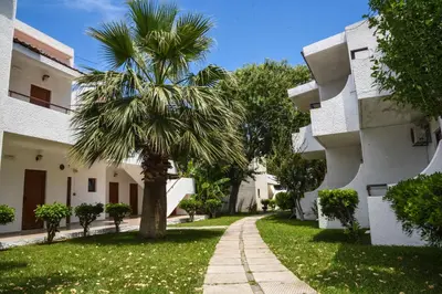 a palm tree in a yard next to a building at Vallian Village Hotel in Paradeísion