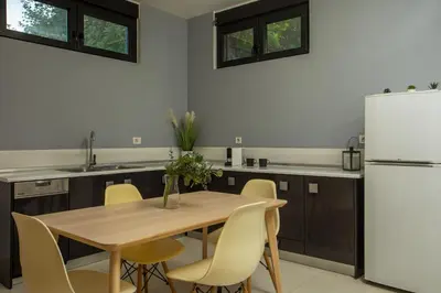a kitchen with a wooden table and a white refrigerator at Villa Melia in Koskinou