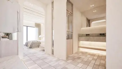 a white hallway with a bed in a room at Pefkos Blue in Pefki Rhodes