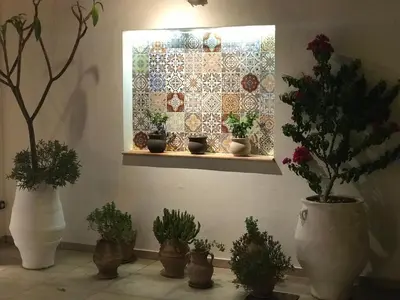 a group of potted plants on a shelf with a window at Pefkos Blue in Pefki Rhodes