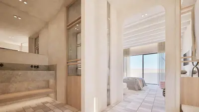 a bathroom with a walk in shower and a glass door at Pefkos Blue in Pefki Rhodes