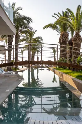 a pool with palm trees in a resort at Pegasos Deluxe Beach Hotel in Faliraki