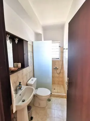 a bathroom with a toilet and a sink and a shower at Tsampika's Sea View Home in Archangelos