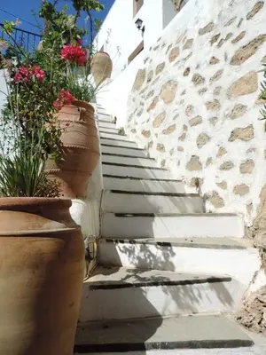 a set of stairs with potted plants on them at Villa Anna Maria Lindos in Líndos