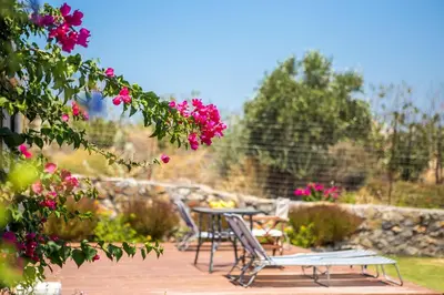 a patio with a table and chairs and pink flowers at Villa Helios in Kalathos