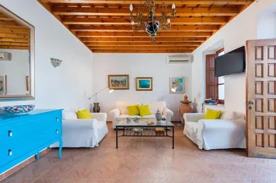 a living room with white furniture and a wooden ceiling at Villa Lindos in Líndos