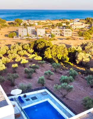 an aerial view of a swimming pool and the ocean at Gennadi Gardens exclusive apartments in Gennadi