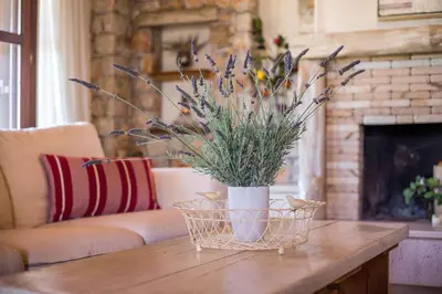 a vase with flowers on a table in a living room at Sunny Countryside Villa - With private pool in Faliraki