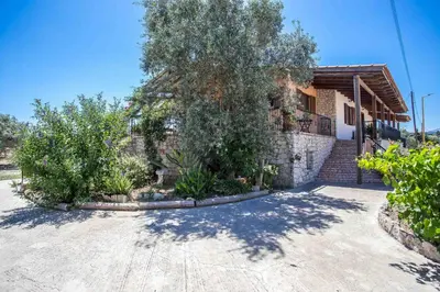 a house with a tree in front of a driveway at Sunny Countryside Villa - With private pool in Faliraki