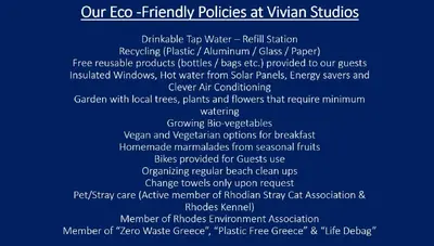 a list of oureco friendly policies at vinys water refill station at Vivian Studios in Ialyssos