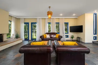 a living room with two leather couches and a television at Themis Private Villa Rhodes in Ialyssos