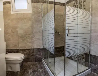 a bathroom with a toilet and a glass shower at Villa Rose in Archangelos