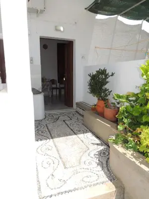 an entrance to a house with potted plants at New Lindos Studio 45 renovated in Líndos
