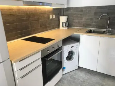 a kitchen with a sink and a washer and dryer at Ktima Tzaneti in Lachania