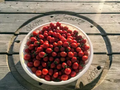 a bowl of tomatoes sitting on a wooden table at Ktima Tzaneti in Lachania
