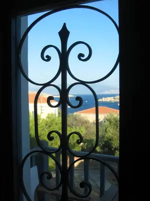 a view of the ocean from a window at Villa Katingo in Halki