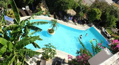 an overhead view of a swimming pool with a palm tree at Hotel Kalithea in Kallithea Rhodes
