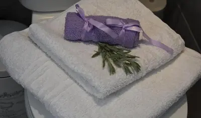 a pile of towels with a purple bow on them at Levande Studio with private parking in Afantou