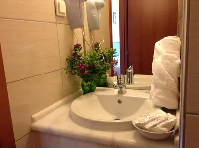 a bathroom sink with a phone and flowers on it at Arte Annapolis Inn in Rhodes Town