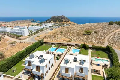 an aerial view of a villa and the ocean at Lindos Ruby in Líndos