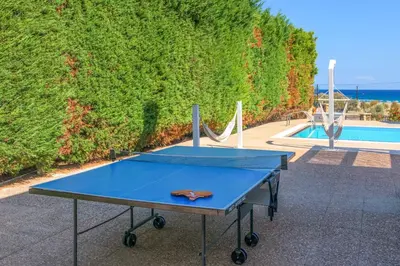 a blue ping pong table in front of a pool at Villa Krini Eleni in vlicha