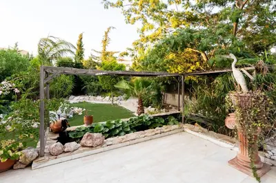 a garden with a wooden pergola and plants at Nicole's garden villa in Kallithea Rhodes