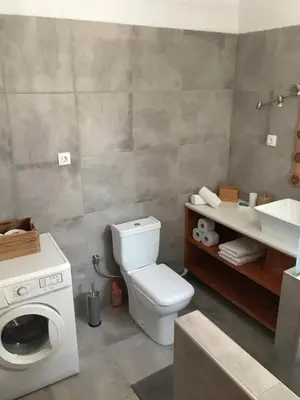 a bathroom with a toilet and a sink and a washing machine at Casa Kalliroi in Symi