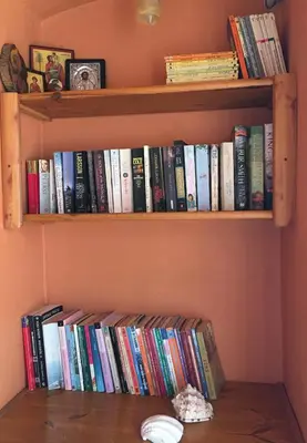 a book shelf filled with lots of books at Casa Kalliroi in Symi