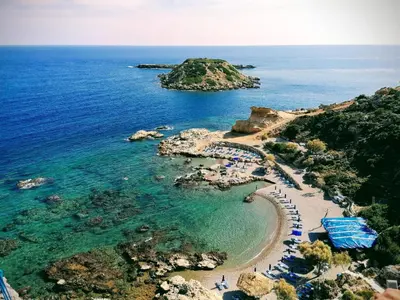 an aerial view of a beach in the ocean at Stegna Paradise View in Archangelos