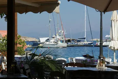 a view of a marina with boats in the water at Villa Amalia in Halki