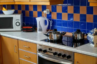 a kitchen with a stove with two pots on it at Korali in Symi