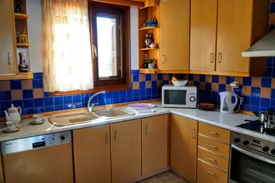 a kitchen with wooden cabinets and a sink and a microwave at Korali in Symi