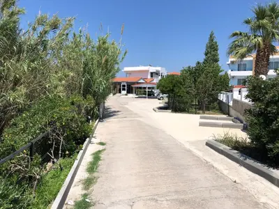 an empty street with palm trees and a building at Marieta-Giannis in Faliraki