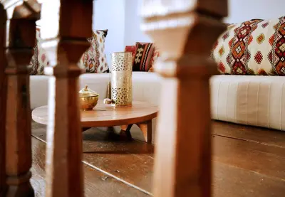 a living room with a couch and a coffee table at Casa Lindos in Líndos