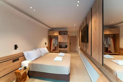 a hotel room with a bed and a tv at Hippocampus Boutique Hotel in Ixia